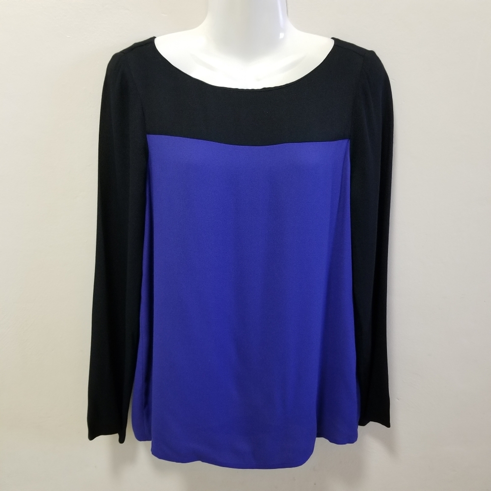 Joie Womens Top Blouse Aliso Colorblock Black Blue Long Sleeve Crepe Career S